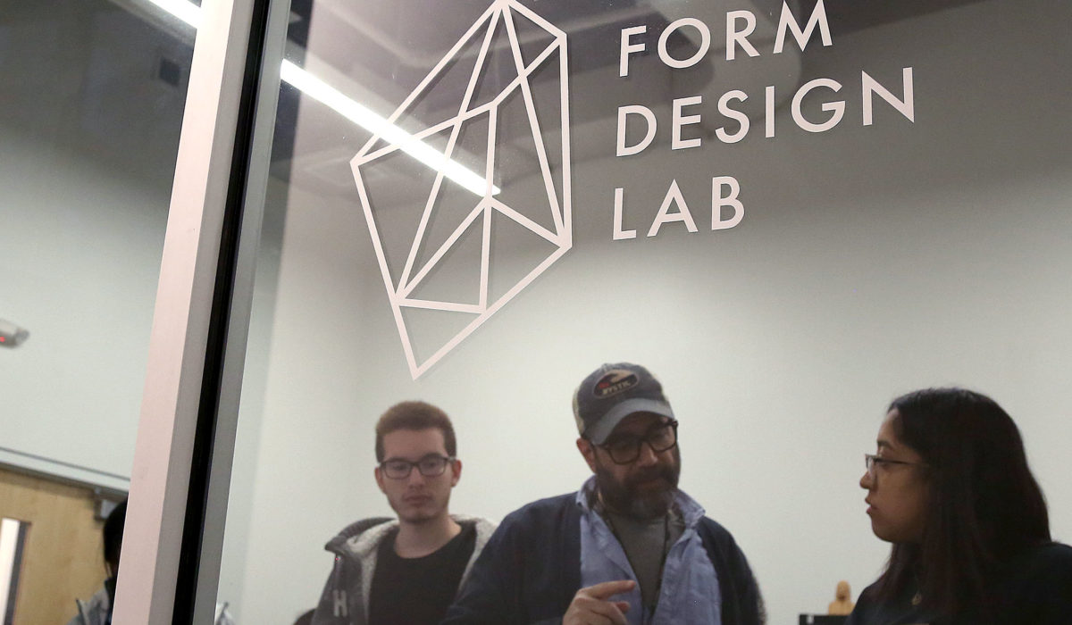 Students taking a class at the Form Design Lab at Express Newark with Professor Keary Rosen.
